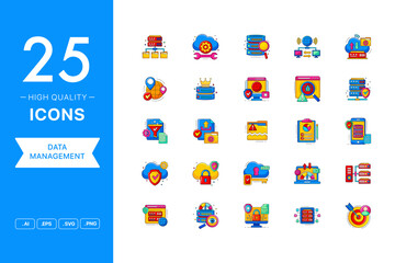 Vector set of Data Management icons. The collection comprises 25 vector icons for mobile applications and websites.