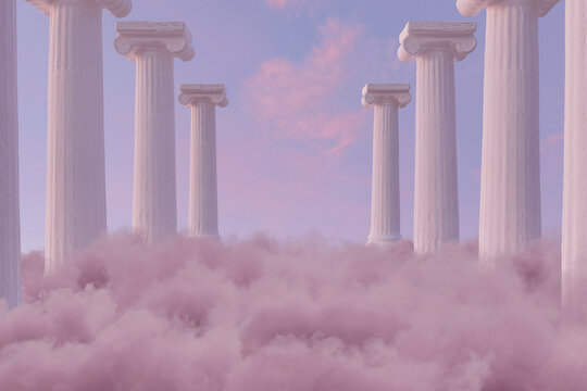 3d rendering of white columns over fluffy pink clouds
