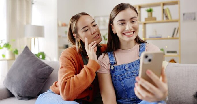 Selfie, smile and women or friends on sofa for social media, influencer content creation or digital memory and emoji face. Young, gen z people in profile picture, online photography and relax at home