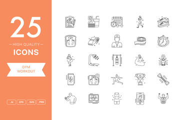 Obraz na płótnie Canvas Vector set of Gym Workout icons. The collection comprises 25 vector icons for mobile applications and websites.