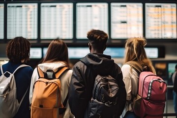People traveling at the airport looking at the departure board, generative ai