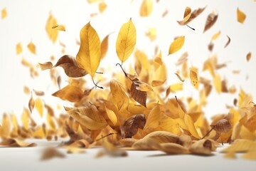 Yellow leaves falling on a white background, generative ai