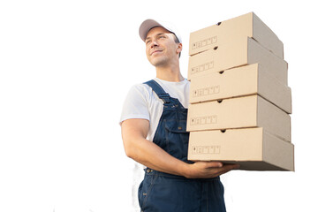 A courier in uniform, a man carries an order box in a courier company for delivery, transparent background.