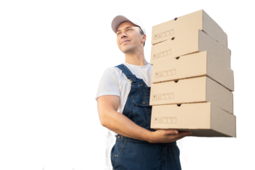 A courier in uniform, a man carries an order box in a courier company for delivery, transparent background.