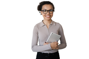 A woman smiles portrait with glasses in a jacket uses a tablet to communicate at work, transparent background.