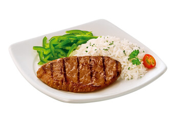 prato com suculenta carne bovina grelhada acompanhado de arroz branco e salada em fundo...