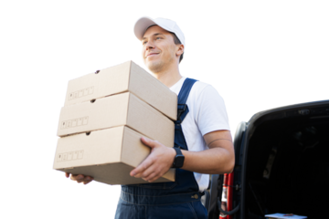 The courier man carries the order boxes in the courier company for delivery, transparent background.