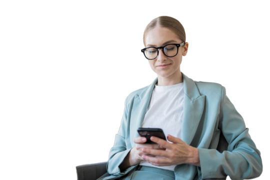 A business woman with glasses uses a phone to write a message, transparent background.