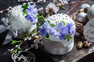 Easter cake with meringue and violets on a dark background