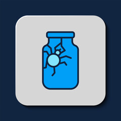 Filled outline Spider in jar icon isolated on blue background. Happy Halloween party. Vector