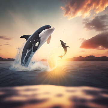 Orca Killerwal im Meer aus dem Wasser springend bei Sonnenuntergang.
