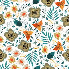 Vector seamless texture with stylized cute wild flowers and flowers composition on a plain isolated background