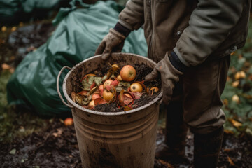 Man Holding Bucket Of Food Waste For Composting. Generative AI