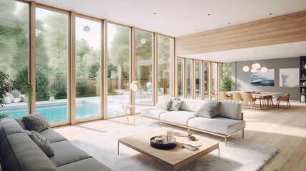Fototapeta premium A living room of a beautiful bright modern Scandinavian style house with large windows opening, swimming pool, generative AI