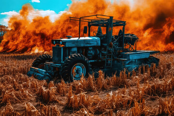 One Of The Farm Machines With Flames In The Corn Fields. Generative AI - obrazy, fototapety, plakaty