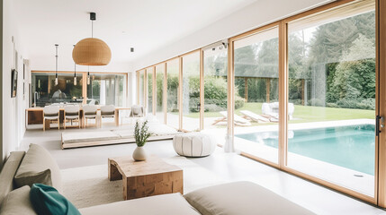 A living room of a beautiful bright modern Scandinavian style house with large windows opening, swimming pool, generative AI