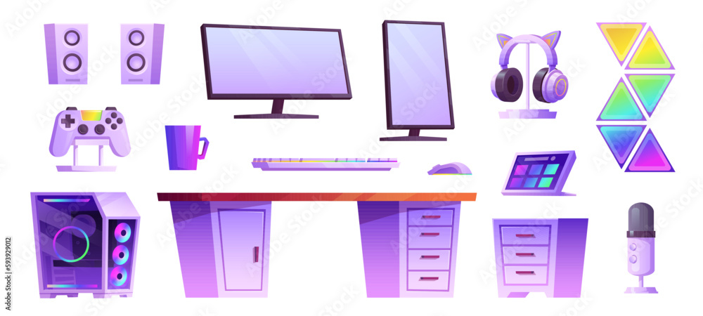 Poster isolated game computer in streamer room interior vector set. cartoon neon computer, desk and keyboar