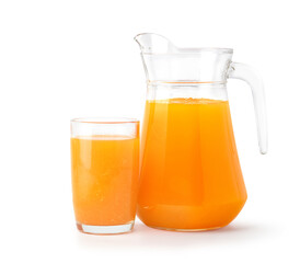Natural squeezed orange juice in glass pitcher isolated on white background. Clipping path.