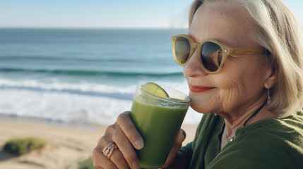 Mature caucasian woman with short grey hair enjoying a healthy green smoothie on a beachfront, Generative AI - 593929026