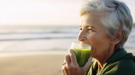 Mature caucasian woman with short grey hair enjoying a healthy green smoothie on a beachfront, Generative AI - 593929057