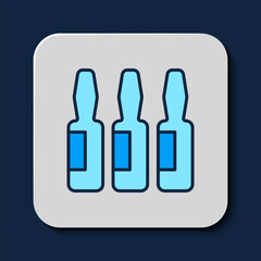 Filled outline Medical vial, ampoule, bottle icon isolated on blue background. Vaccination, injection, vaccine healthcare concept. Vector
