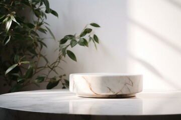 Fototapeta na wymiar Luxury marble table with plant shadow on white wall and stone podium for product placement display. Trendy neutral aesthetic mockup template for beauty and cosmetics scene. Generative AI