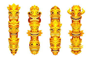 Gold tiki totem mask statue cartoon vector. Yellow hawaiian tribe pillar icon isolated on white background. Aztec god man face sign. Traditional warrior idol design set. Polynesian ritual collection. - obrazy, fototapety, plakaty
