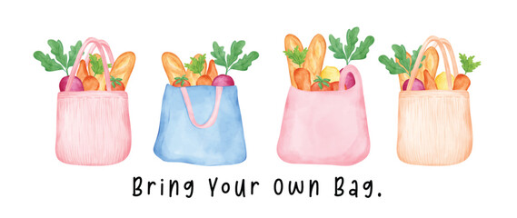 Group of sweet pastel Eco-Friendly reusable shopping bag full of fresh vegetables watercolor hand drawing illustration banner