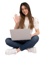 E-learning concept, caucasian 20s university student e-learning concept. Sitting on the ground, holding laptop wave hand. Distance education. Attending online  webinar. Isolated white background.
