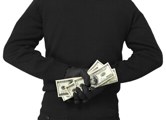 Thief with dollars on his back, stealing concept