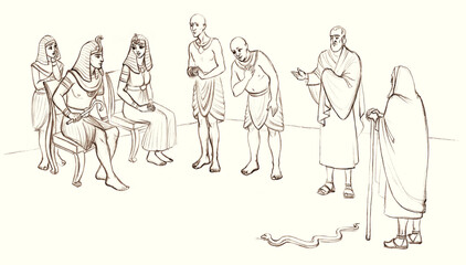 Moses and Aaron before Pharaoh. Pencil drawing