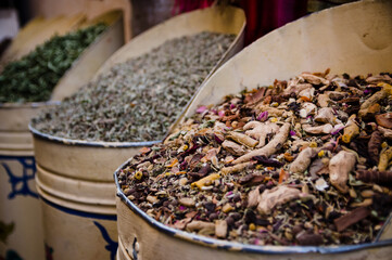 Natural selection of colorful spices and ingredients in Morocco Marakech market outside