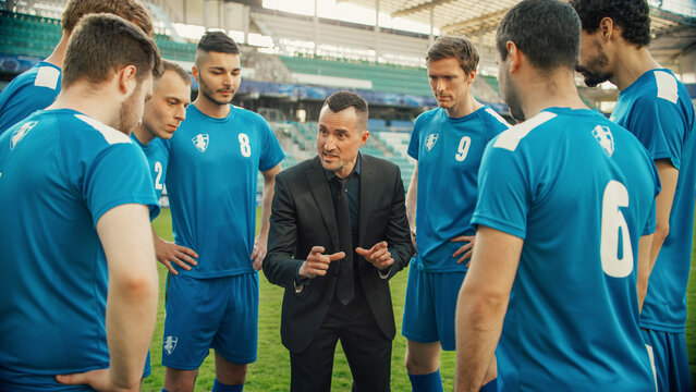Professional Soccer Team Training, Tactical Coaching: Football Coach Explains Game Strategy, Develop Workout Plan Trainer Motivates Athletes, Leads to Victory, Preparing For Championship.