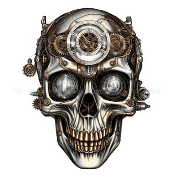 Steampunk style Human Skull. AI Generative Image.