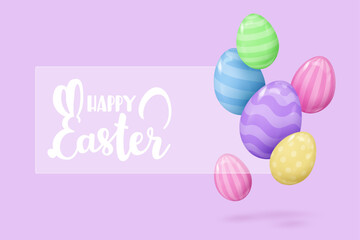 Banner with realistic 3d painted purple, pink, yellow, green, blue eggs and lettering. Happy Easter poster. Vector illustration for card, party, design, flyer, banner, web, advertising.