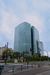 Sleek glass buildings in financial center - May 27, 2022. Warsaw, Poland.