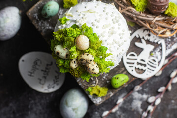 Easter cake with meringue and decoration on the table