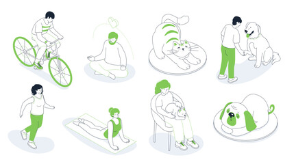 People, sports and pets - modern line design style isometric illustration set