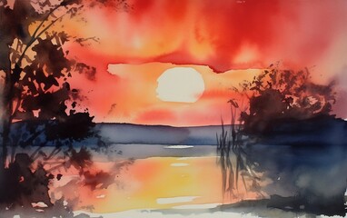 Sunset in the sea. Watercolor illustration. Generative AI technology.