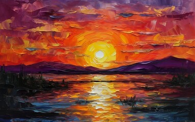 Naklejka na ściany i meble Sunset in the sea. Oil illustration. Generative AI technology.