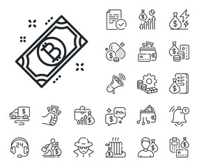 Cryptocurrency cash sign. Cash money, loan and mortgage outline icons. Bitcoin line icon. Crypto money symbol. Bitcoin line sign. Credit card, crypto wallet icon. Inflation, job salary. Vector