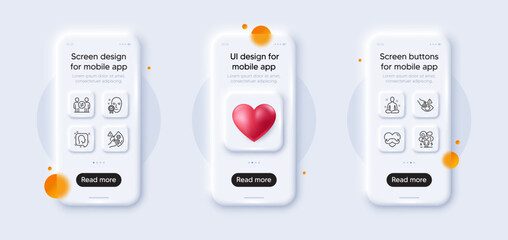 Dirty mask, Discrimination and Face verified line icons pack. 3d phone mockups with heart. Glass smartphone screen. Yoga, Difficult stress, Dont touch web icon. Father day, Head pictogram. Vector