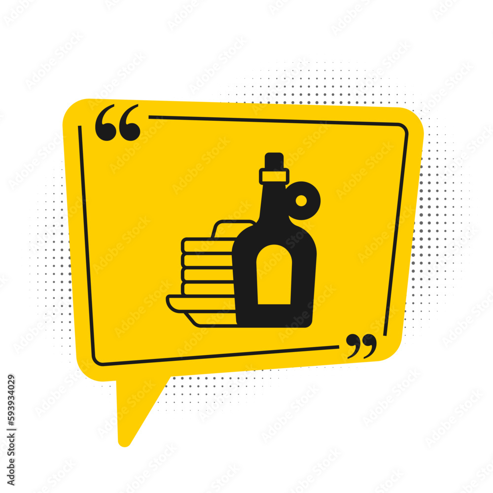 Poster black bottle of maple syrup with stack of pancakes icon isolated on white background. yellow speech 