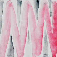 Zigzags, broken lines, triangles - pink and gray on a white background. Abstract ornament hand-drawn with watercolor paint