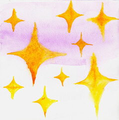 background of yellow orange stars, flashes, lights, sparks on a white-pink background. square watercolor hand drawn illustration