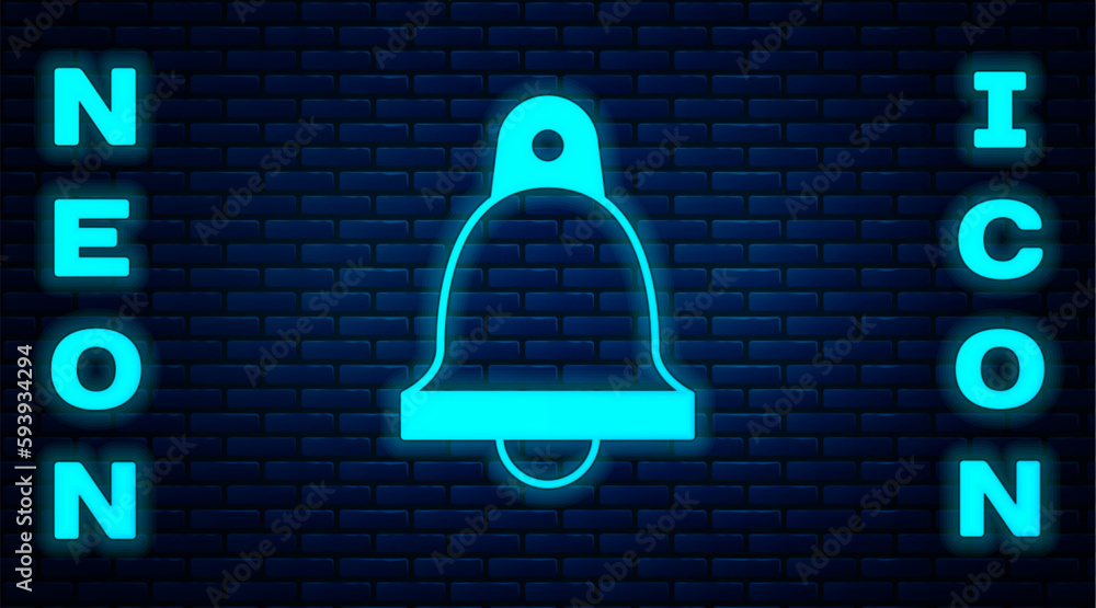 Canvas Prints Glowing neon Church bell icon isolated on brick wall background. Alarm symbol, service bell, handbell sign, notification symbol. Vector