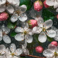 Apple tree blossom with droplets, seamless pattern. AI generative