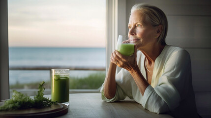 Mature caucasian woman with short grey hair enjoying a healthy green smoothie at her house on a beachfront, Generative AI - 593934228
