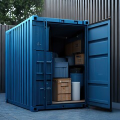 Open blue storage container with Furniture inside. Generative AI
