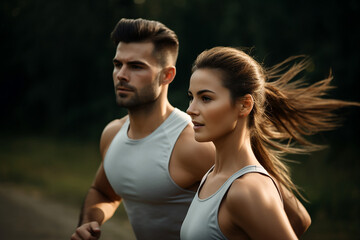Portrait of a fit couple running in the park. Generative AI